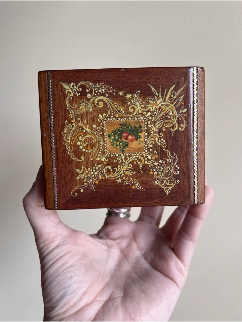 Wooden Jewelry Trinket Lidded Box Painted Floral Fruit Lined